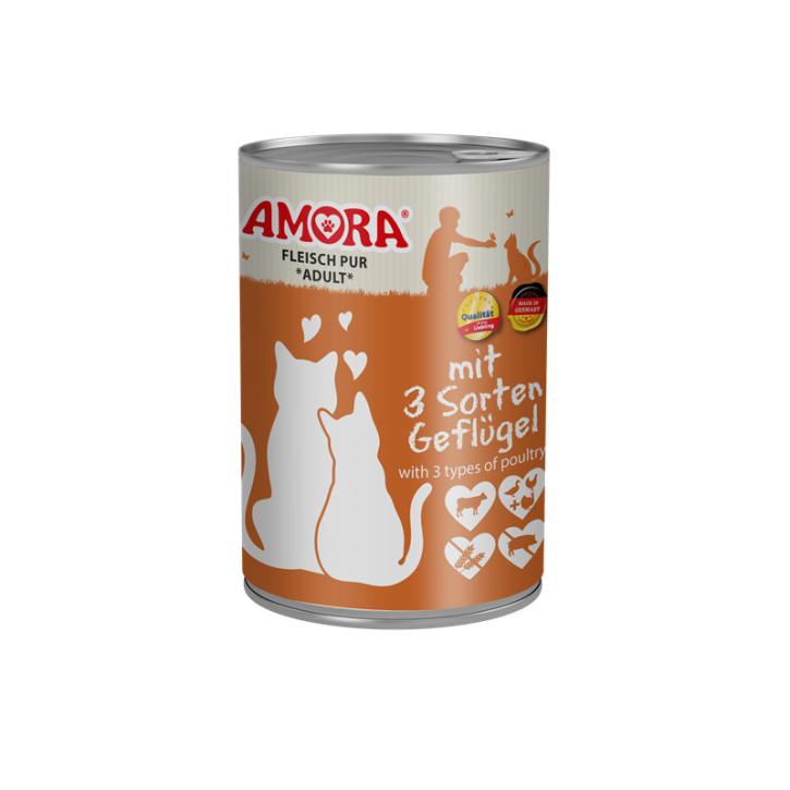 AMORA Cat Fleisch Pur Adult 3 Sorten Geflügel 6 x 400 g