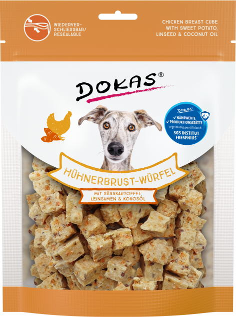 Dokas Dog Hühnerbrust Würfel mit Süsskartoffel 8 x 150 g