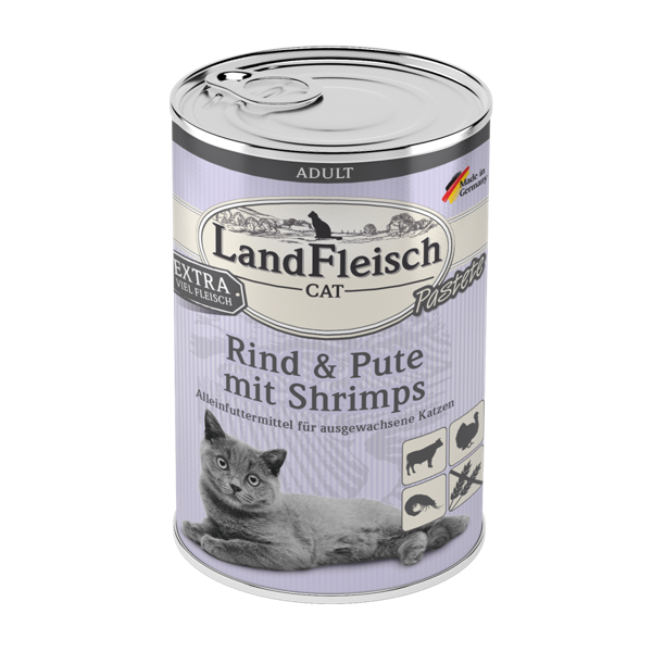 LandFleisch Cat Adult Pastete Rind & Pute mit Shrimps 12 x 400 g