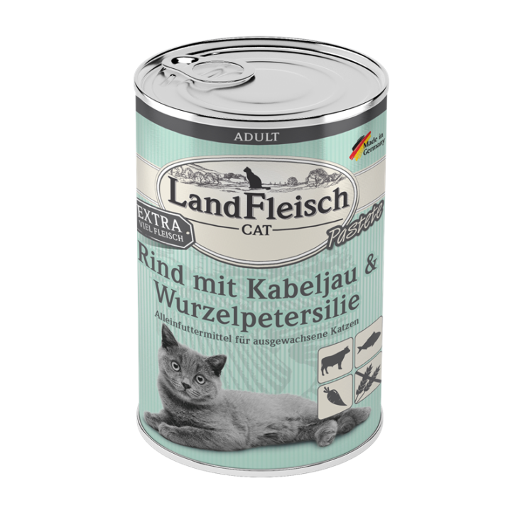LandFleisch Cat Adult Pastete mit Rind, Kabeljau und Wurzelpetersilie 12 x 400 g
