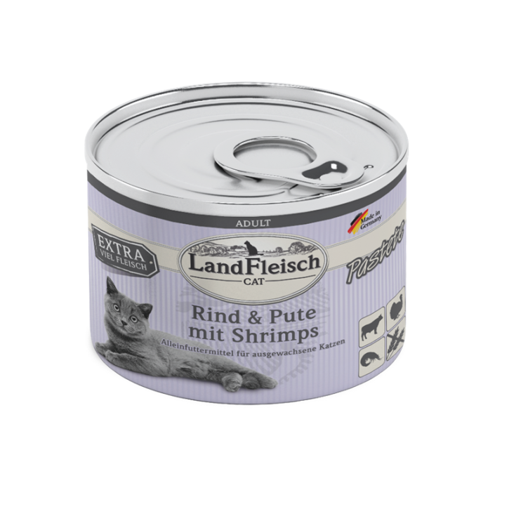 LandFleisch Cat Adult Pastete mit Rind, Pute mit Shrimps 12 x 195 g