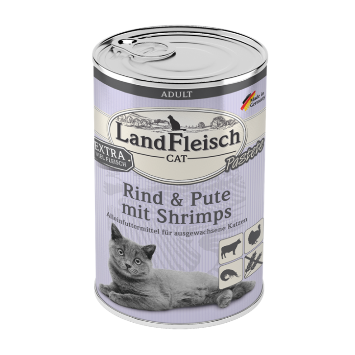 LandFleisch Cat Adult Pastete mit Rind, Pute mit Shrimps 12 x 400 g