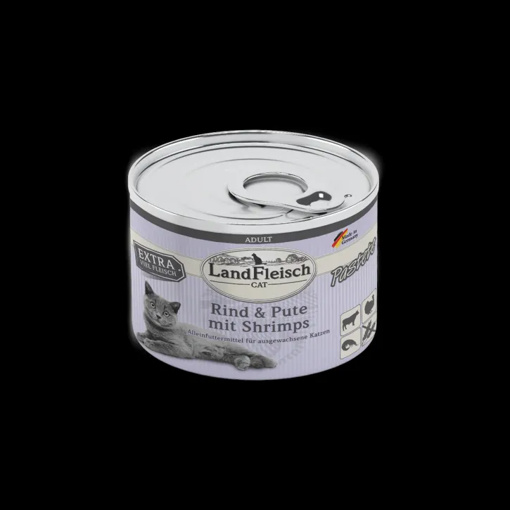 LandFleisch Cat Adult Pastete mit Rind, Pute mit Shrimps 12 x 195 g