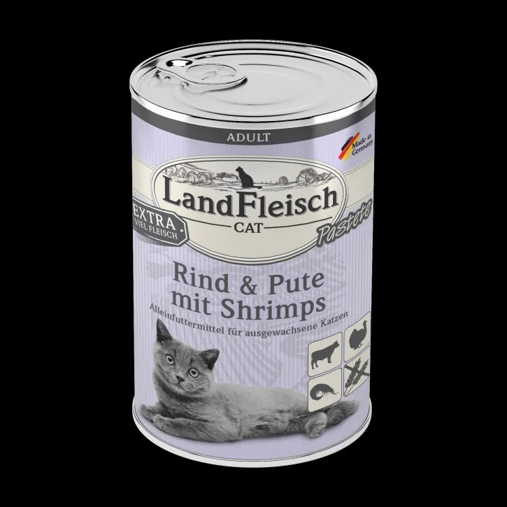 LandFleisch Cat Adult Pastete mit Rind, Pute mit Shrimps 12 x 400 g