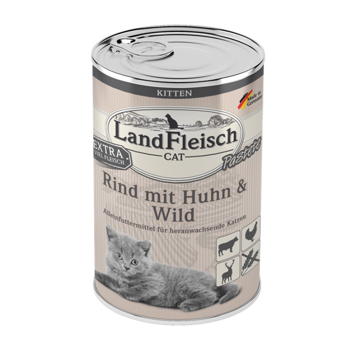 LandFleisch Cat Kitten Pastete Rind, Huhn und Wild 12 x 400 g