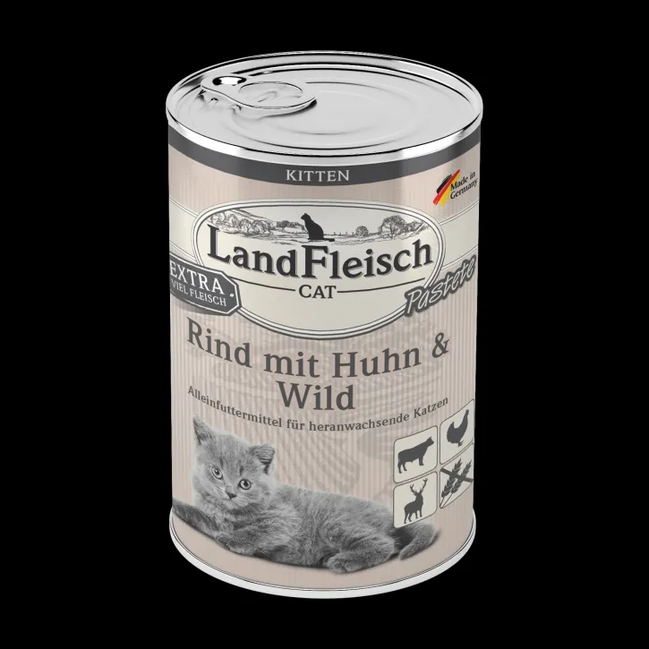 LandFleisch Cat Kitten Pastete Rind, Huhn und Wild 12 x 400 g