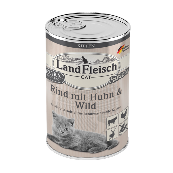 LandFleisch Cat Kitten Pastete Rind mit Huhn & Wild 12 x 400 g