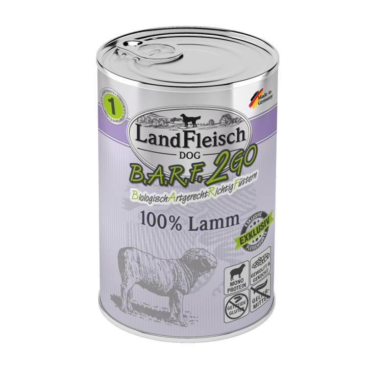 LandFleisch Dog BARF2GO Exklusiv 100% vom Lamm 6 x 400 g