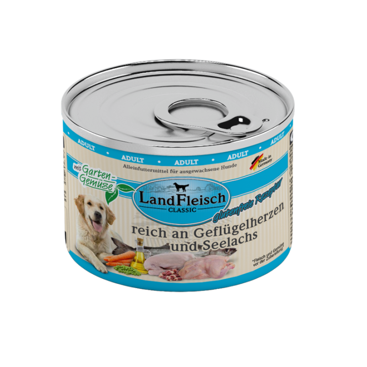 LandFleisch Dog Classic Geflügelherzen und Seelachs 12 x 195 g