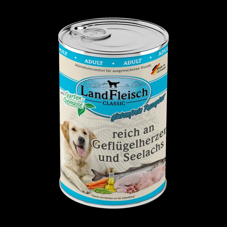 LandFleisch Dog Classic Geflügelherzen und Seelachs 12 x 400 g