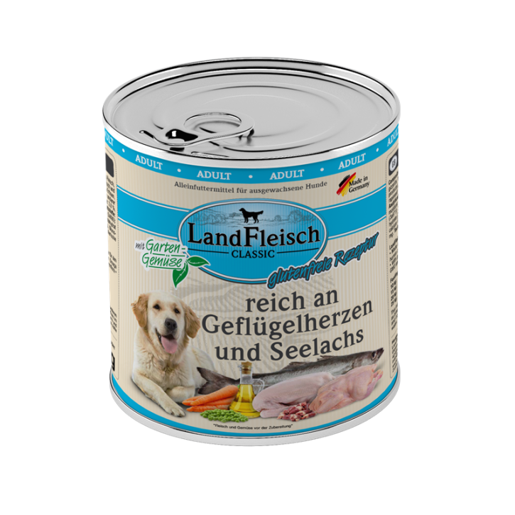 LandFleisch Dog Classic Geflügelherzen und Seelachs 6 x 800 g