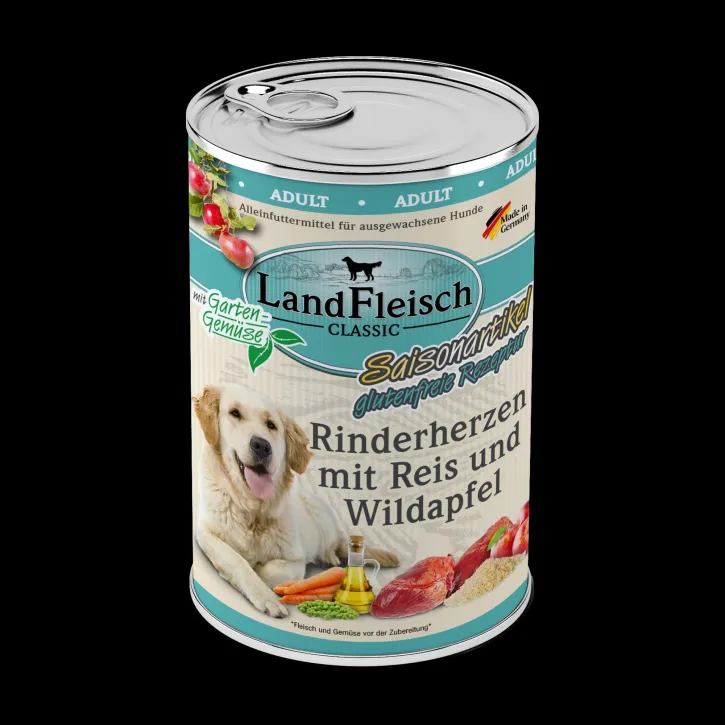 LandFleisch Dog Classic Rinderherzen Reis und Wildapfel 12 x 400 g