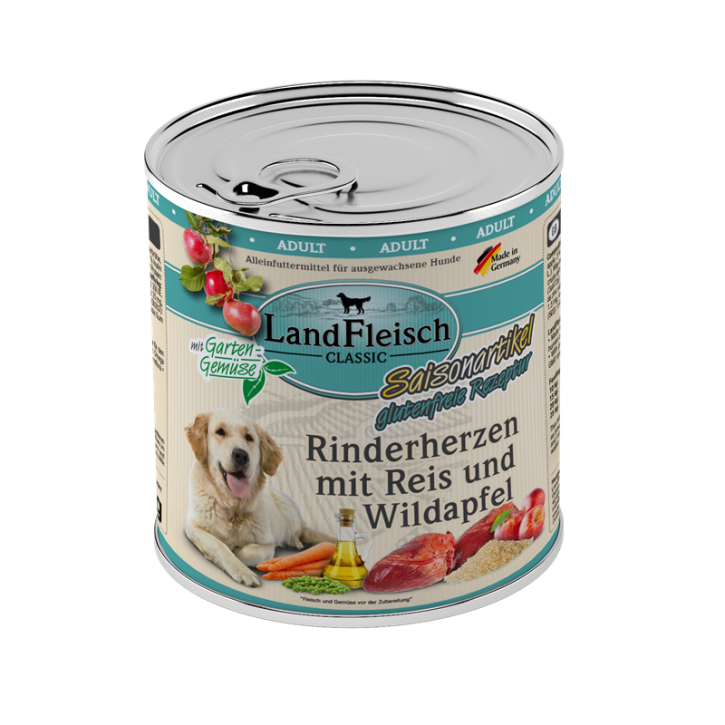 LandFleisch Dog Classic Rinderherzen Reis und Wildapfel 6 x 800 g