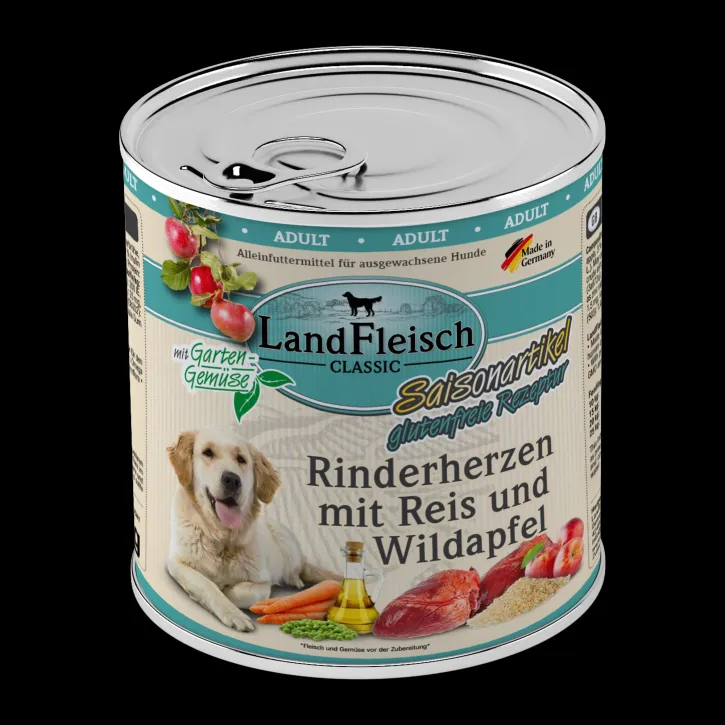 LandFleisch Dog Classic Rinderherzen Reis und Wildapfel 6 x 800 g