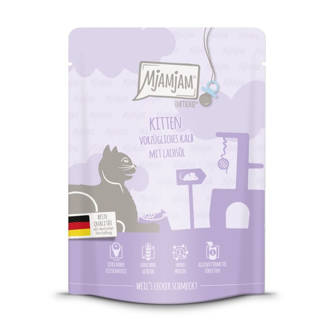 MjAMjAM Cat Quetschie Kitten Kalb & Lachsöl 125 g oder 300 g